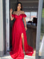 Off Shoulder Red Satin A-line Long Evening Prom Dresses, Cheap Custom prom dresses, MR7842