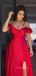 Off Shoulder Red Satin A-line Long Evening Prom Dresses, Cheap Custom prom dresses, MR7842