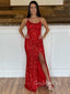 Red Sequin Spaghetti Straps Long Mermaid Evening Prom Dresses, Cheap Custom Prom Dresses, MR7856