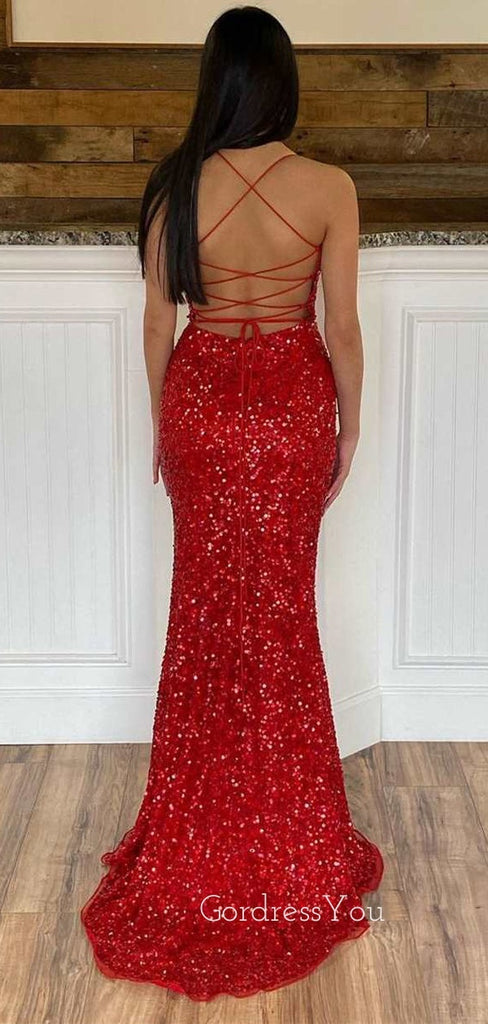 Red Sequin Spaghetti Straps Long Mermaid Evening Prom Dresses, Cheap Custom Prom Dresses, MR7856