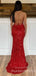 Red Sequin Spaghetti Straps Long Mermaid Evening Prom Dresses, Cheap Custom Prom Dresses, MR7856