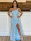 One Shoulder Sky Blue Sequin Long Mermaid Evening Prom Dresses, Cheap Custom Prom Dresses, MR7857