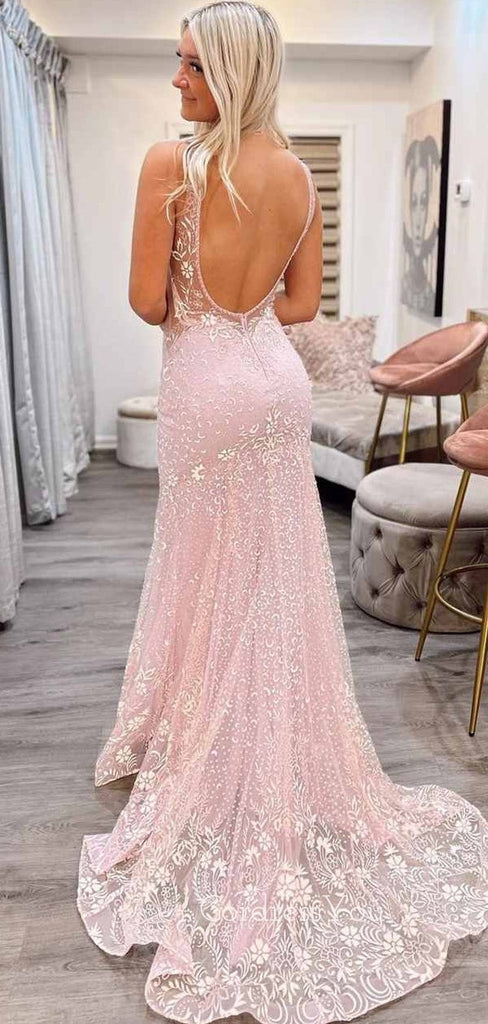 Sexy V-neck Mermaid Pink Lace Long Backless Evening Prom Dresses, MR7863