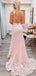 Sexy V-neck Mermaid Pink Lace Long Backless Evening Prom Dresses, MR7863