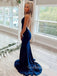 Navy Blue Mermaid Spaghetti Straps Beaded Long Evening Prom Dresses, Cheap Custom Prom Dresses, MR7865