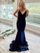 Navy Blue Mermaid Spaghetti Straps Beaded Long Evening Prom Dresses, Cheap Custom Prom Dresses, MR7865