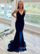 Navy Blue Mermaid Spaghetti Straps Beaded Long Evening Prom Dresses, Cheap Custom Prom Dresses, MR7865