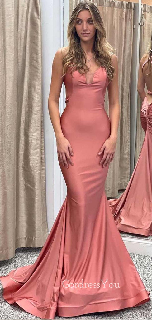 Coral Satin Mermaid Long Backless Evening Prom Dresses, Cheap Custom Prom Dress, MR7866