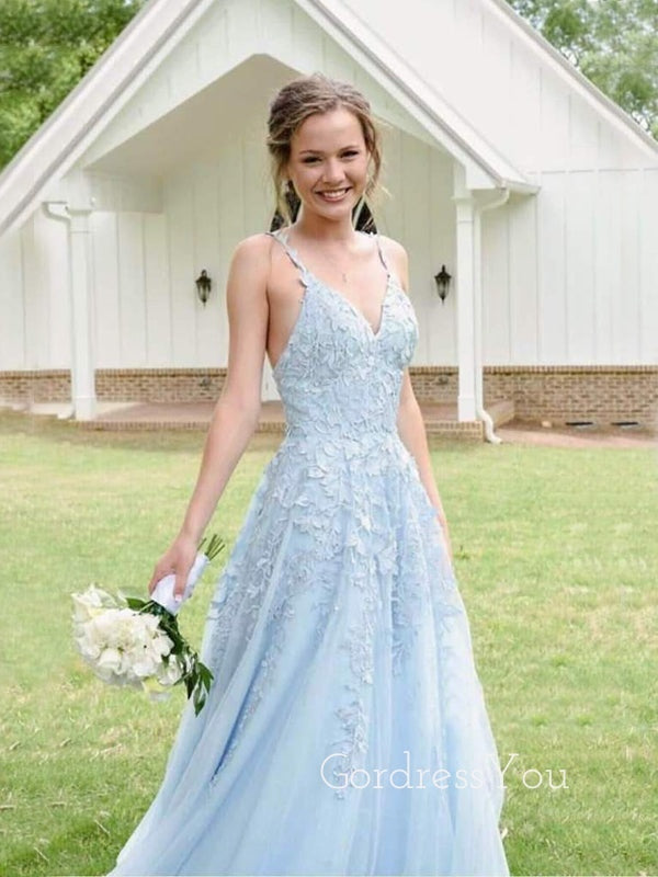 Sky Blue Tulle Appliques Lace A-line Long Evening Prom Dresses, Cheap Custom Prom Dresses, MR7888