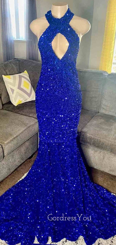 Royal Blue Sequin Mermaid Halter Long Evening Prom Dresses, Cheap Custom Prom Dresses, MR7892