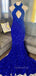 Royal Blue Sequin Mermaid Halter Long Evening Prom Dresses, Cheap Custom Prom Dresses, MR7892