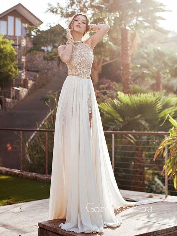 A-line White Chiffon Halter High Slit Long Prom Dresses, wedding Dresses, MR8057