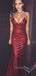 Red Sequins Spaghetti Straps Long V-neck Evening Prom Dresses,  Custom Backless  Mermaid Prom Dress, MR8311