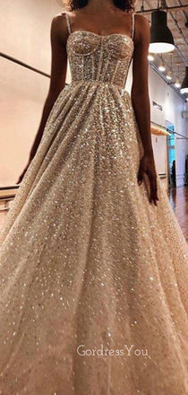 A-line Spaghetti Straps Sequin Long Evening Prom Dresses, Cheap Custom prom dresses, MR8326