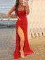 Simple Spaghetti Straps Red Sequins Long Side Slit Evening Prom Dresses, Cheap Custom prom dresses, MR8333