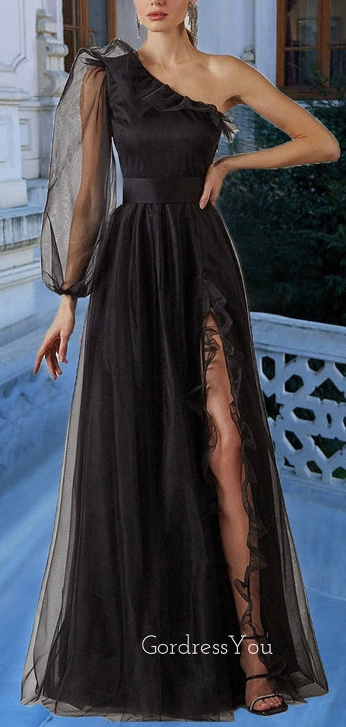 A-line One Shoulder Long Sleeves Black Tulle Long Side Slit Evening Prom Dresses, Cheap Custom prom dresses, MR8334