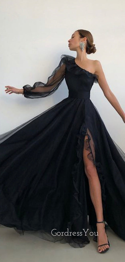 A-line One Shoulder Long Sleeves Black Tulle Long Side Slit Evening Prom Dresses, Cheap Custom prom dresses, MR8334