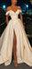 Ivory Satin Off Shoulder High Slit Long A-line Evening Prom Dresses, Cheap Custom prom dresses, MR8336