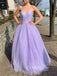 Spaghetti Straps Lilac Tulle Sparkly Long A-line Evening Prom Dresses, Cheap Custom prom dresses, MR8337