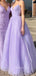 Spaghetti Straps Lilac Tulle Sparkly Long A-line Evening Prom Dresses, Cheap Custom prom dresses, MR8337