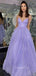 Spaghetti Straps Lilac Tulle Sparkly Long A-line Evening Prom Dresses, Cheap Custom prom dresses, MR8337