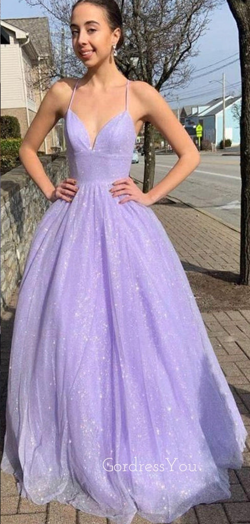 Spaghetti Straps Lilac Tulle Sparkly Long A-line Evening Prom Dresses, Cheap Custom prom dresses, MR8337