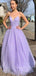 Spaghetti Straps Lilac Tulle Sparkly Long A-line Evening Prom Dresses, Cheap Custom prom dresses, MR8337