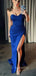 Mermaid Royal Blue Satin Side Slit Long Strapless Evening Prom Dresses, Cheap Custom prom dresses, MR8352