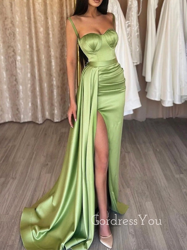 Mermaid Spaghetti Straps Satin Side Slit Long Evening Prom Dresses, Cheap Custom prom dresses, MR8353