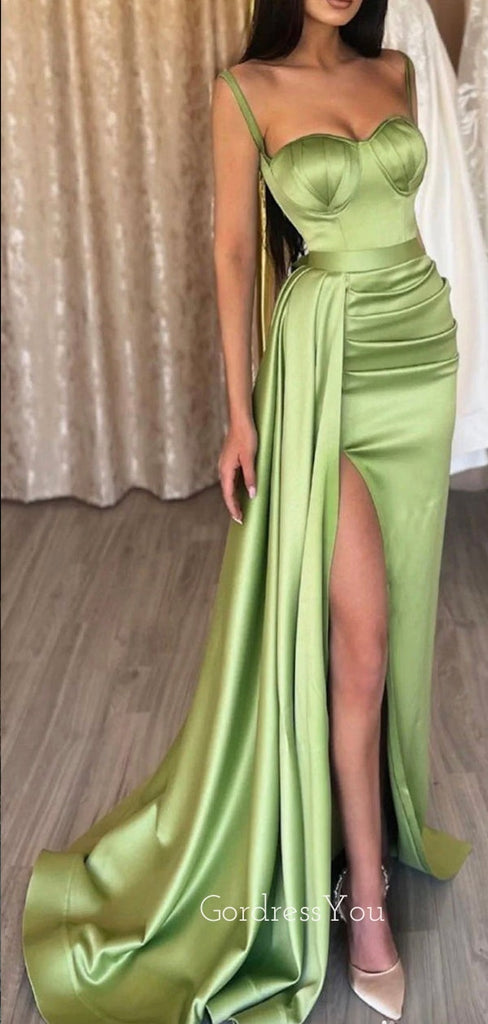 Mermaid Spaghetti Straps Satin Side Slit Long Evening Prom Dresses, Cheap Custom prom dresses, MR8353