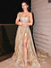 One Shoulder Gold Sparkly A-line Long Side Slit Evening Prom Dresses, Cheap Custom prom dresses, MR8356