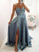 Simple A-line Slate Blue Satin Spaghetti Straps Long Side Slit Evening Prom Dresses, Cheap Custom prom dresses, MR8357