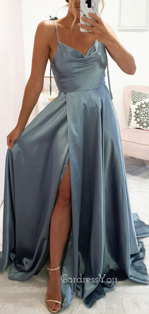 Simple A-line Slate Blue Satin Spaghetti Straps Long Side Slit Evening Prom Dresses, Cheap Custom prom dresses, MR8357