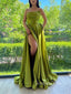 A-line Satin Strapless Long Side Slit Evening Prom Dresses, Cheap Custom prom dresses, MR8358