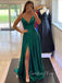 Spaghetti Straps Emerald Green Satin A-line Long Side Slit Evening Prom Dresses, Cheap Custom prom dresses, MR8368