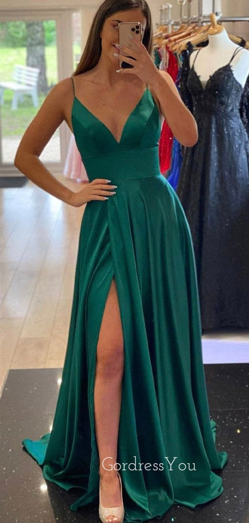 Spaghetti Straps Emerald Green Satin A-line Long Side Slit Evening Prom Dresses, Cheap Custom prom dresses, MR8368