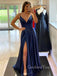 A-line Navy Blue Satin Spaghetti Straps Long Side Slit Evening Prom Dresses, Cheap Custom prom dresses, MR8369