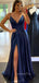 A-line Navy Blue Satin Spaghetti Straps Long Side Slit Evening Prom Dresses, Cheap Custom prom dresses, MR8369