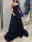 A-line Navy Blue Sequins Strapless Long Evening Prom Dresses, Cheap Custom prom dresses, MR8374