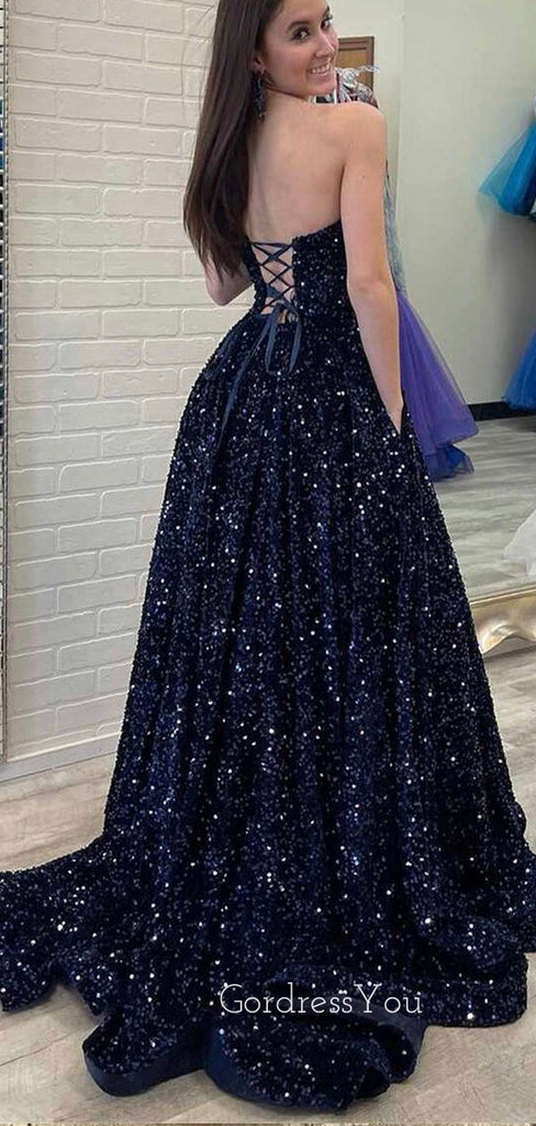 A-line Navy Blue Sequins Strapless Long Evening Prom Dresses, Cheap Custom prom dresses, MR8374