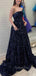 A-line Navy Blue Sequins Strapless Long Evening Prom Dresses, Cheap Custom prom dresses, MR8374