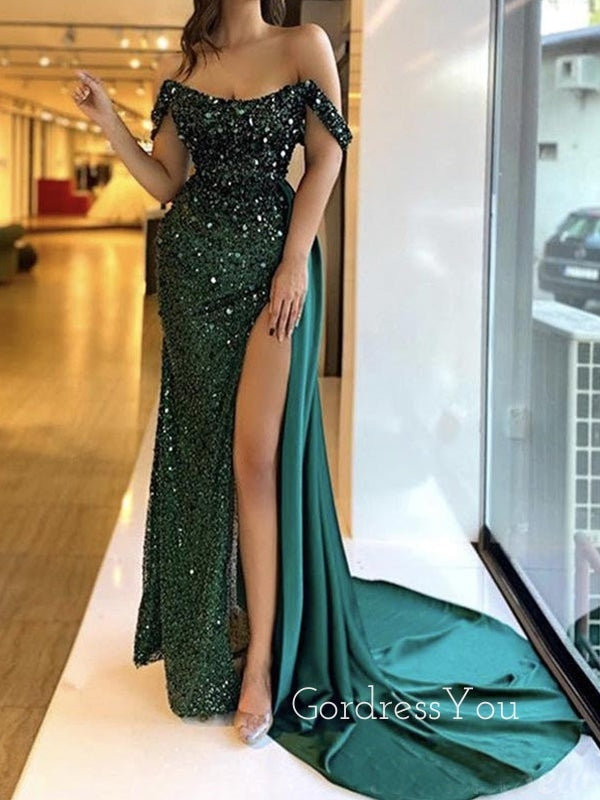 Off Shoulder Dark Green Sequins Long Side Slit Evening Prom Dresses, Cheap Custom prom dresses, MR8380