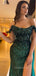 Off Shoulder Dark Green Sequins Long Side Slit Evening Prom Dresses, Cheap Custom prom dresses, MR8380