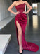 Mermaid Burgundy Satin Beaded Strapless Long Side Slit Evening Prom Dresses, Cheap Custom prom dresses, MR8391