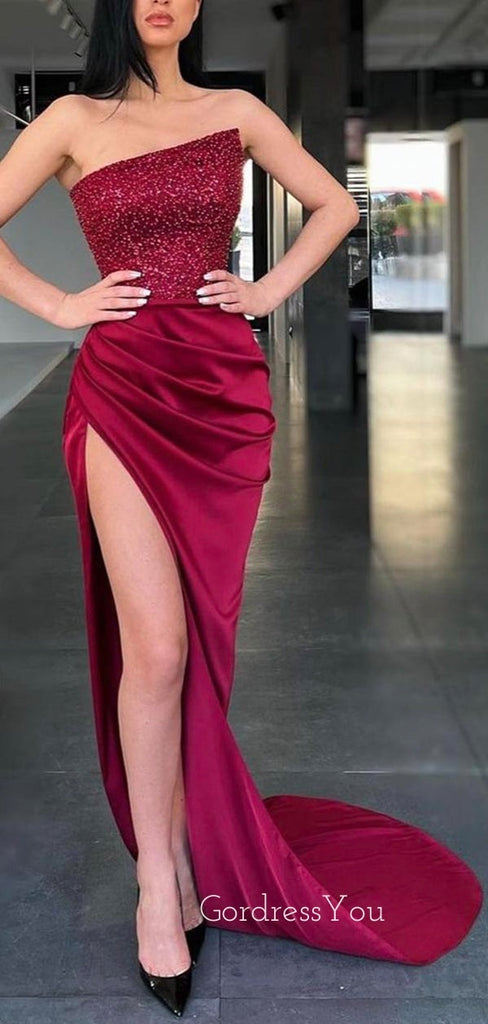 Mermaid Burgundy Satin Beaded Strapless Long Side Slit Evening Prom Dresses, Cheap Custom prom dresses, MR8391