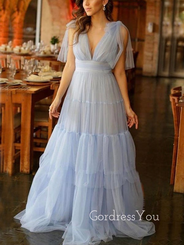 Sexy Deep V-neck Blue Tulle Long A-line Evening Prom Dresses, Cheap Custom prom dresses, MR8400