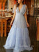 Sexy Deep V-neck Blue Tulle Long A-line Evening Prom Dresses, Cheap Custom prom dresses, MR8400