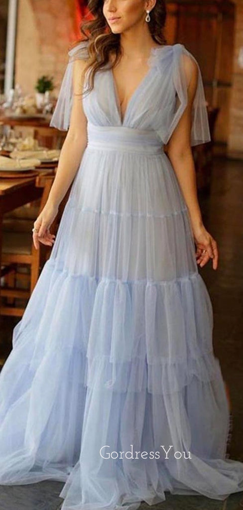 Sexy Deep V-neck Blue Tulle Long A-line Evening Prom Dresses, Cheap Custom prom dresses, MR8400