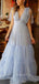 Sexy Deep V-neck Blue Tulle Long A-line Evening Prom Dresses, Cheap Custom prom dresses, MR8400