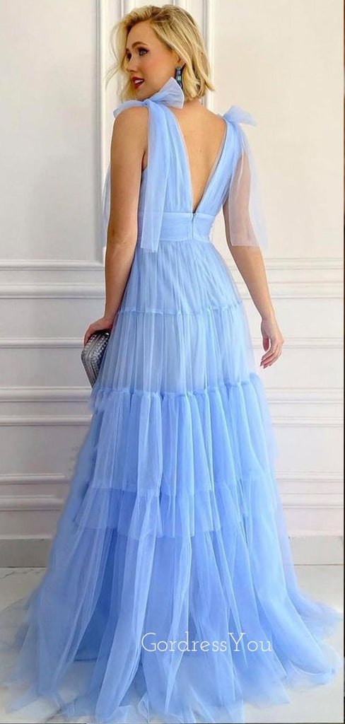 Sexy Deep V-neck Blue Tulle Long A-line Evening Prom Dresses, Cheap Custom prom dresses, MR8400